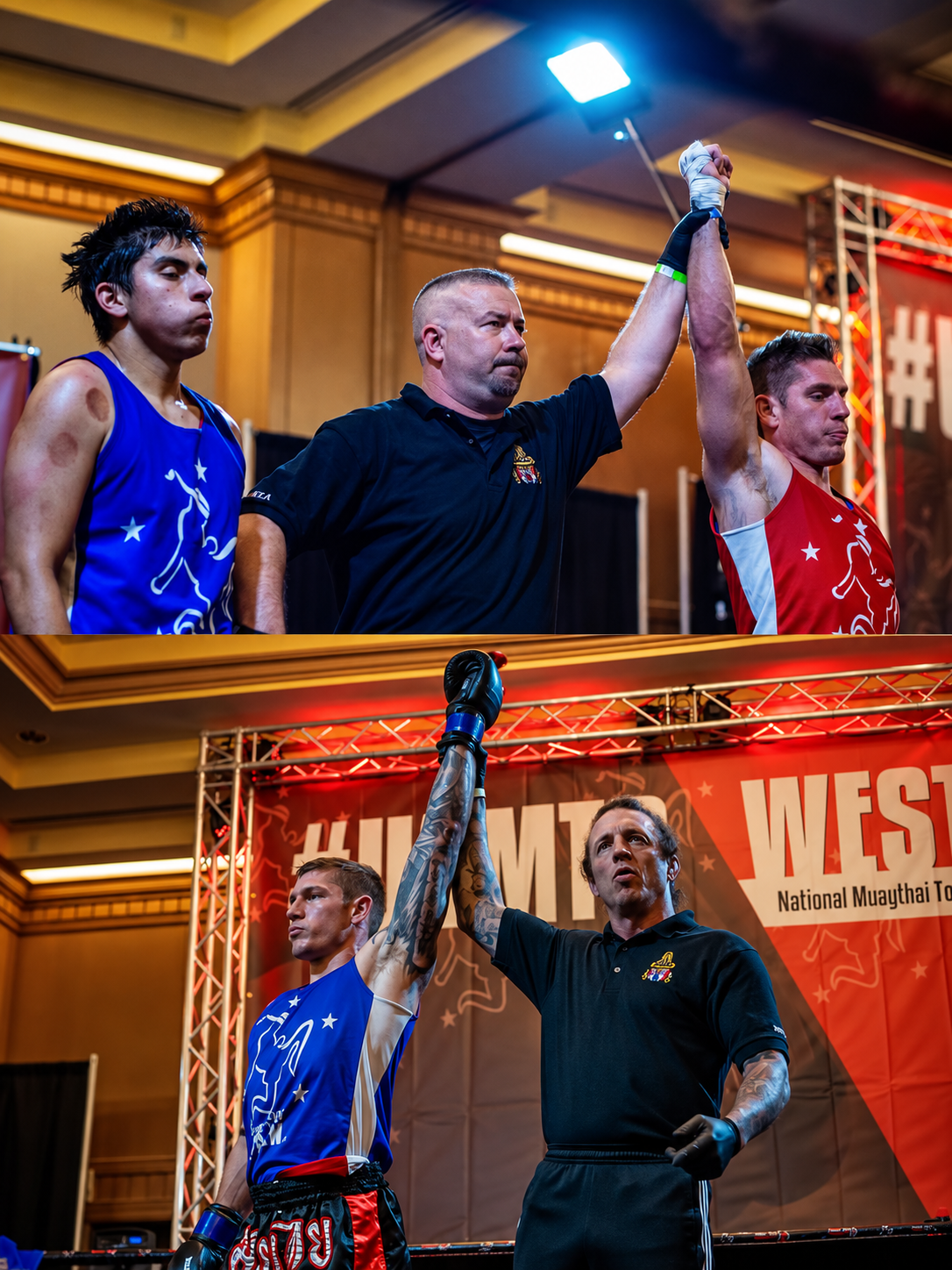 Two stacked photos of Daniel with his hand raised after kickboxing bouts