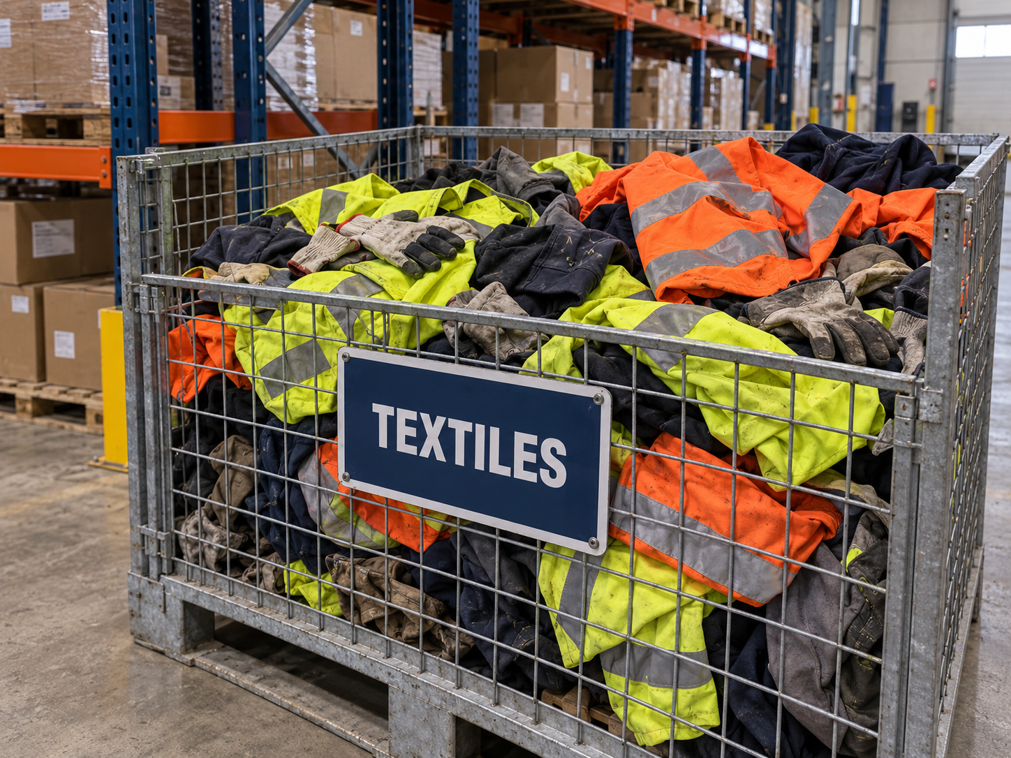 Used safety vests, textile work gloves and garments collected in a warehouse recovery cage