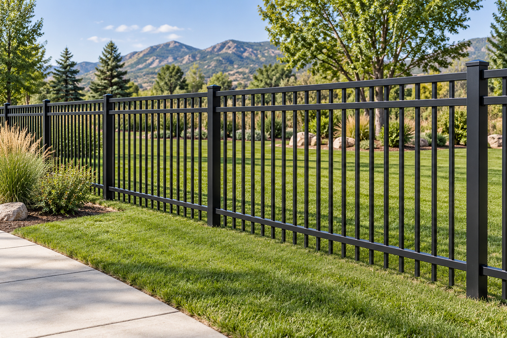 Illustrative black ornamental metal fence beside a landscaped lawn and path