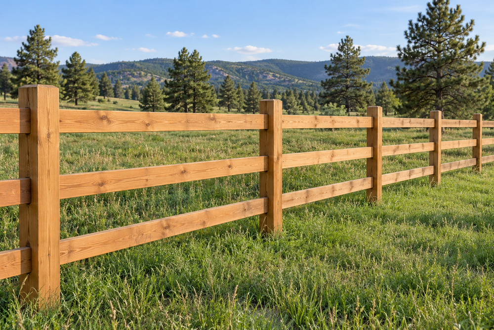 Illustrative three-rail cedar ranch fence along a sunlit meadow with Colorado foothills