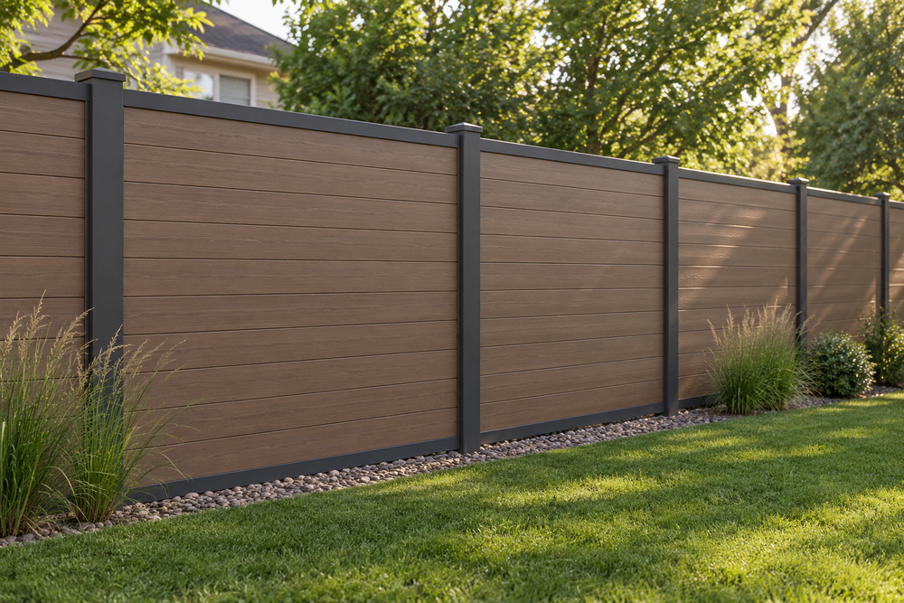 Illustrative composite privacy fence with brown horizontal boards and charcoal posts