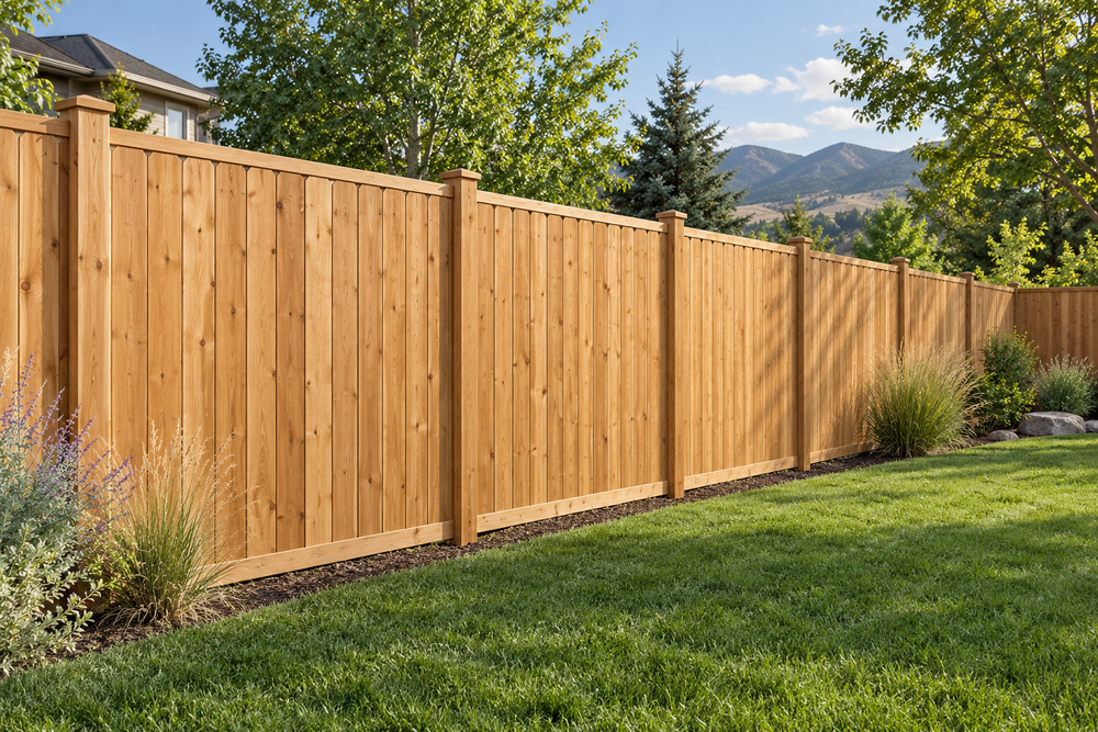Illustrative cedar privacy fence beside a landscaped Colorado backyard