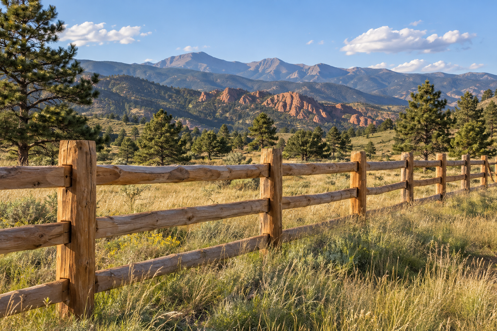 Illustrative timber fence in a Colorado foothills meadow with ponderosa pines, red sandstone ridges, and mountain views