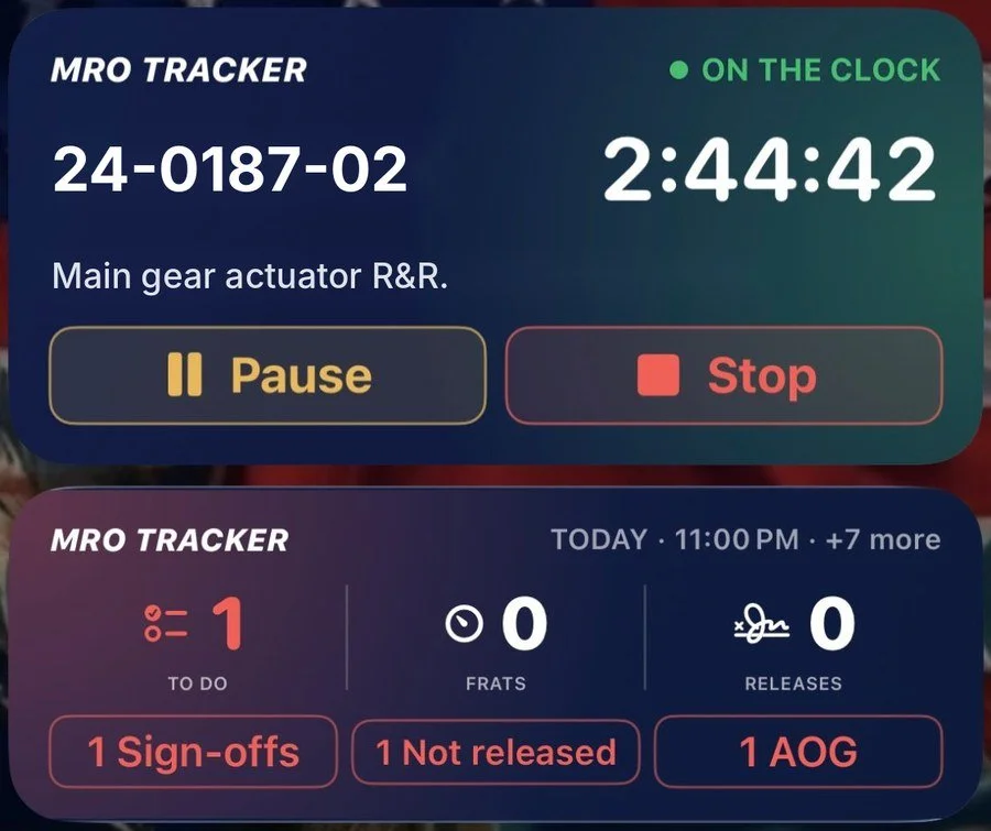 MRO Tracker Live Activities on the iPhone lock screen: a job on the clock with Pause and Stop, and today at a glance