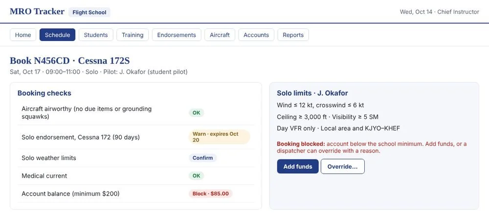 Booking checks for a solo student flight