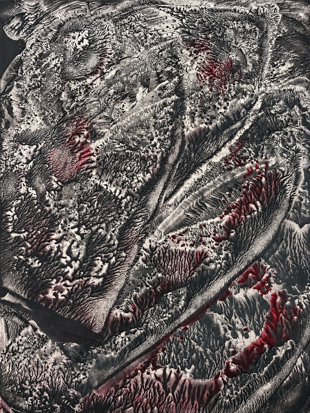 Unknown, a textured spirit artwork in charcoal, white, and deep red