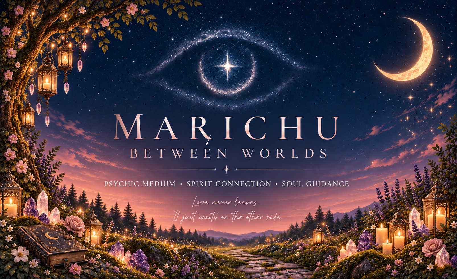 Marichu Between Worlds celestial eye and logo above a moonlit garden with a tree, crystals, candles, and subtle blush flowers