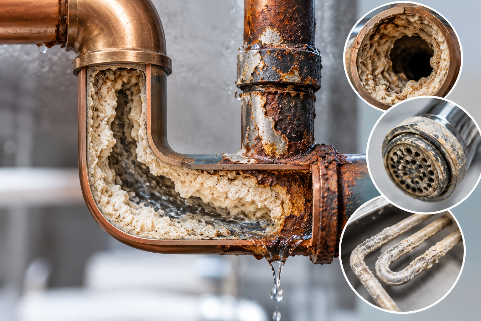 Illustration of household plumbing with corrosion and mineral scale
