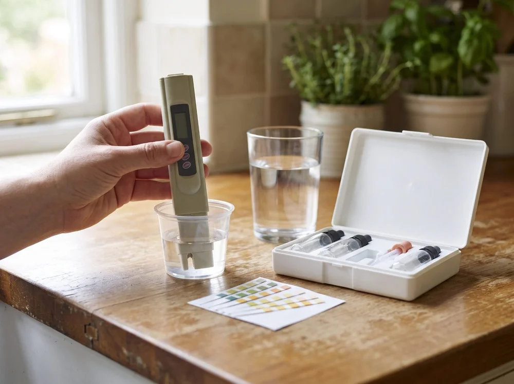 In-home water test with a TDS meter, test strips and sample kit at a kitchen counter