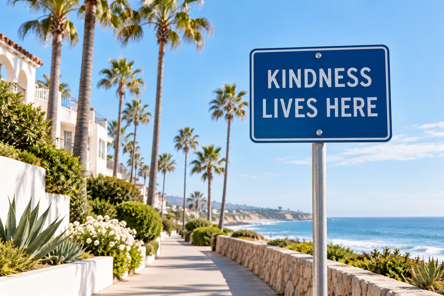 Kindness Lives Here sign beside a sunny palm-lined coastal path