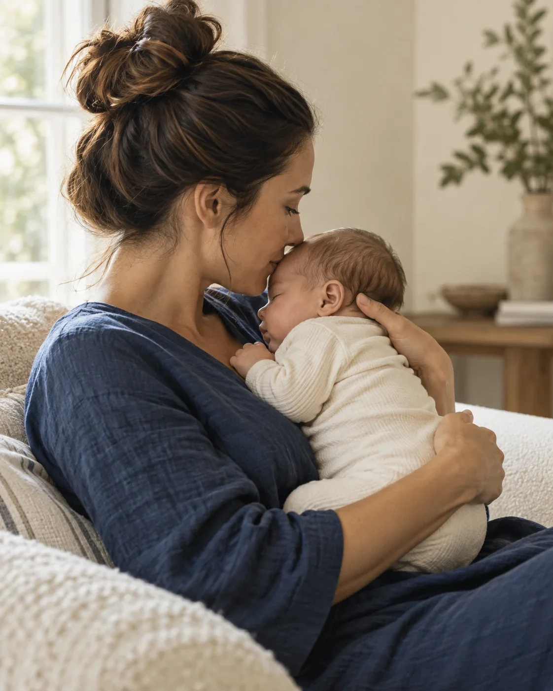 A parent holding their baby close in a softly lit home