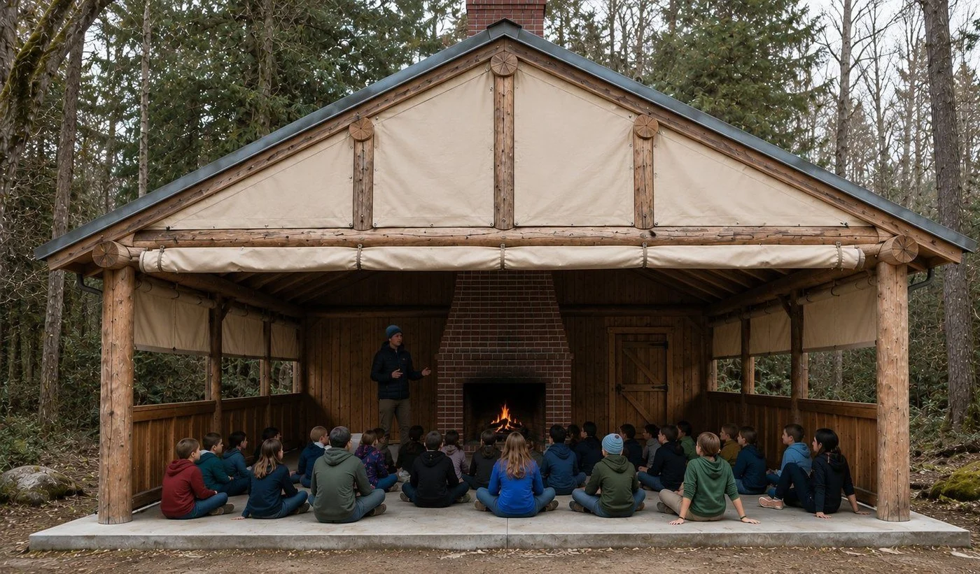 Photo-style concept rendering of the Lilliwaup shelter with campers gathered at the fireplace