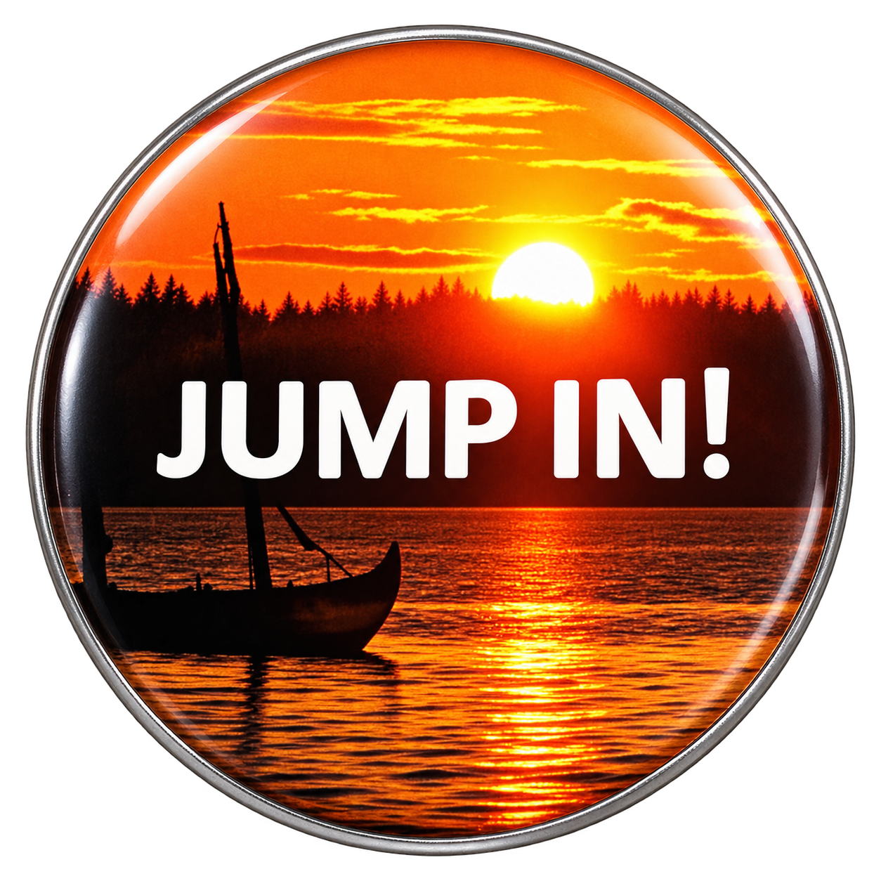 A round Jump In! pin showing a sailboat on the water at sunset