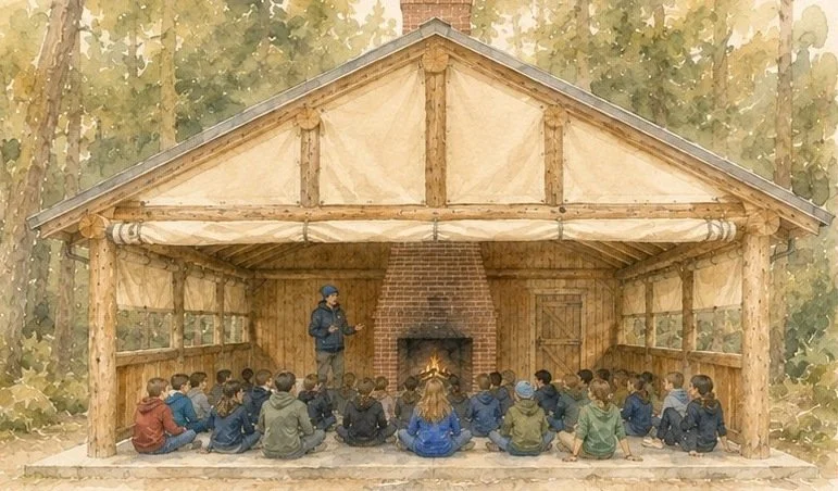 Watercolour concept rendering of the Lilliwaup shelter with campers gathered at the fireplace