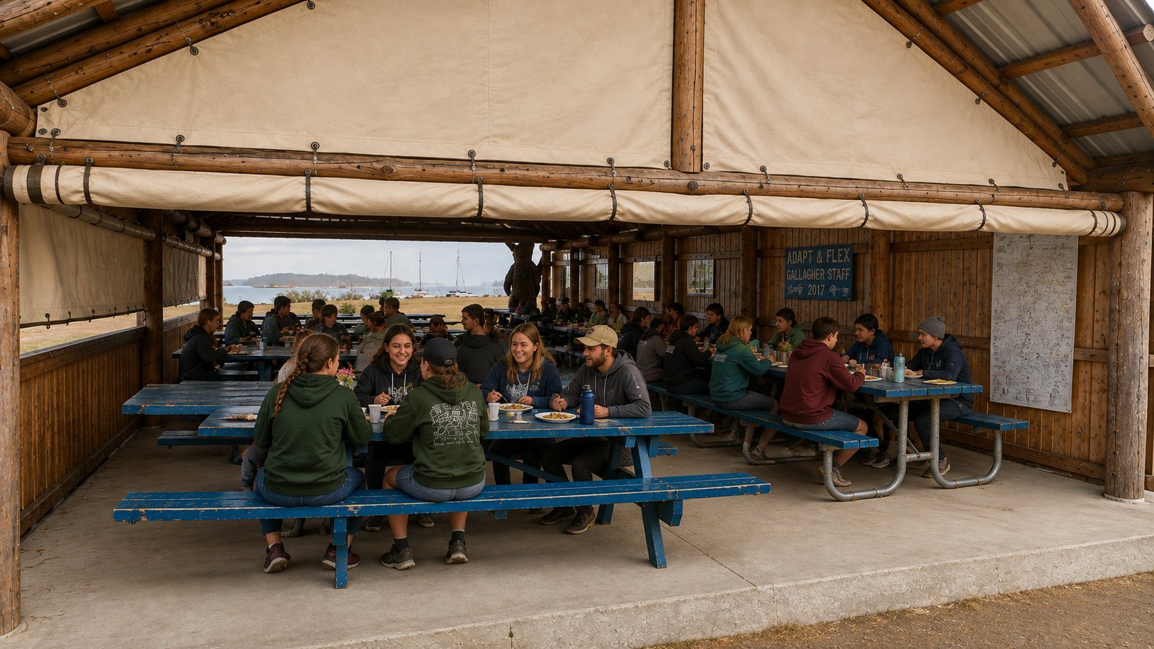 Design sketch of Sequim dining hall with canvas walls and campers at tables