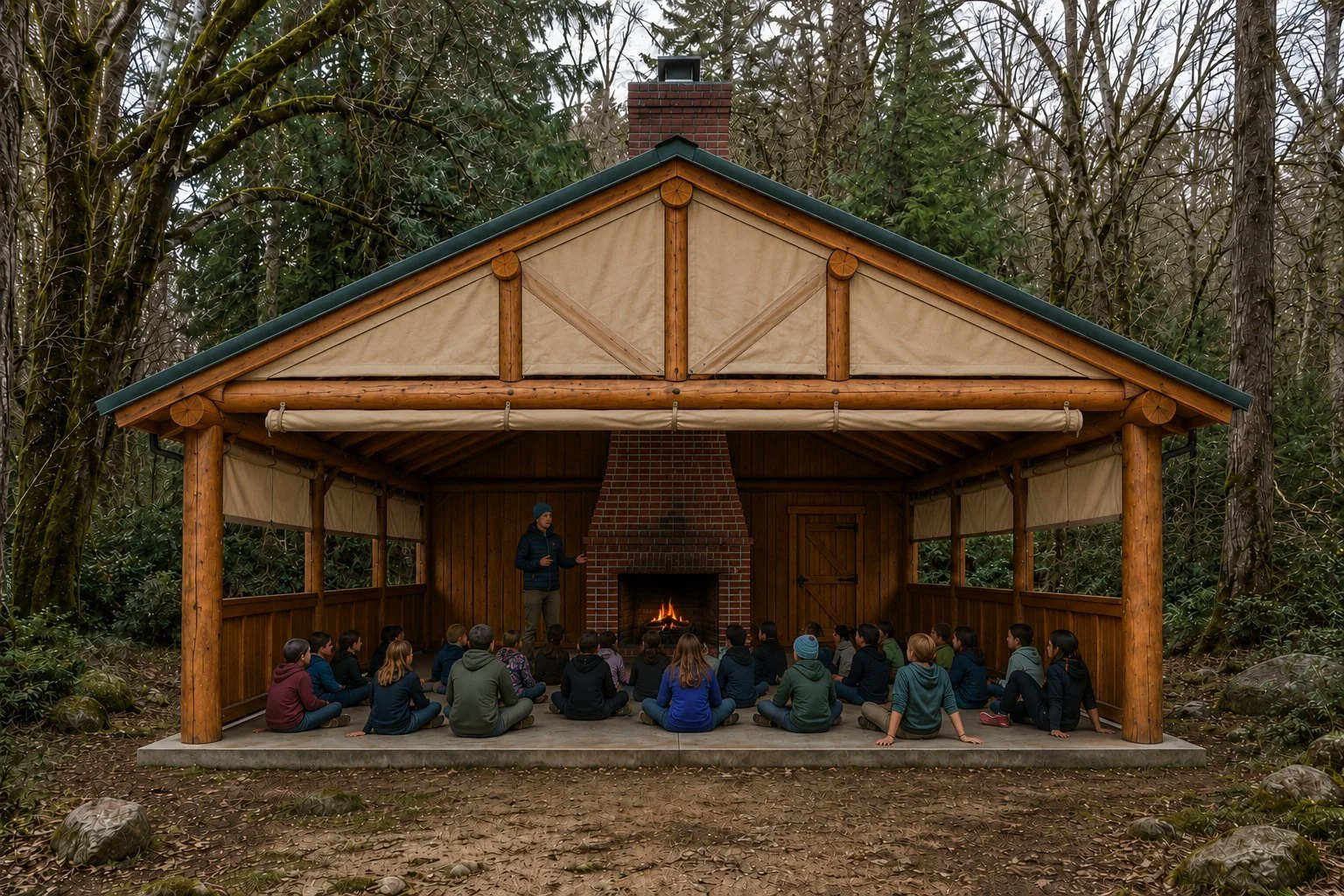Design sketch of the Lilliwaup shelter with campers gathered at the fireplace