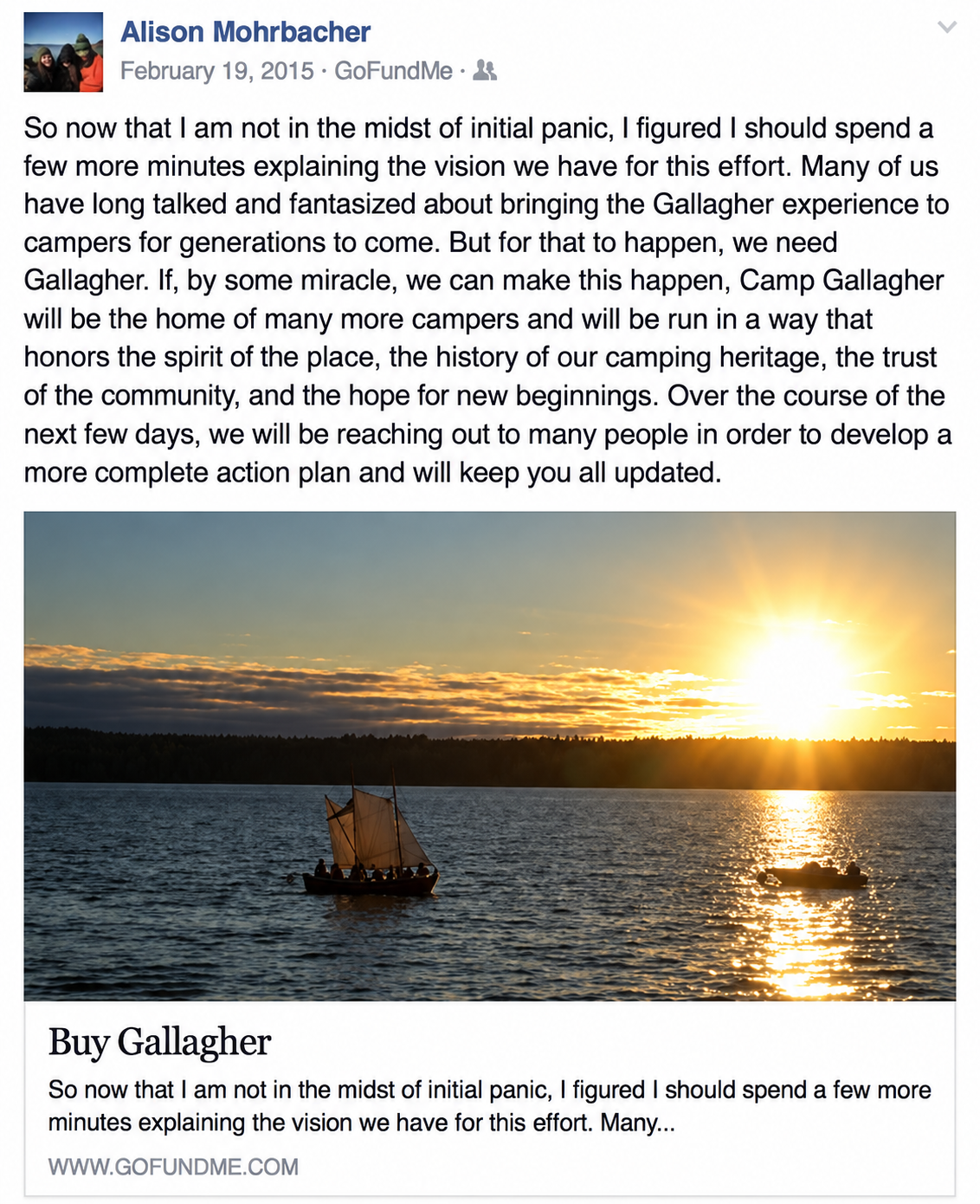 A Facebook post from February 19, 2015 by Alison Mohrbacher, sharing the Buy Gallagher fundraiser and the vision of bringing the Gallagher experience to campers for generations to come