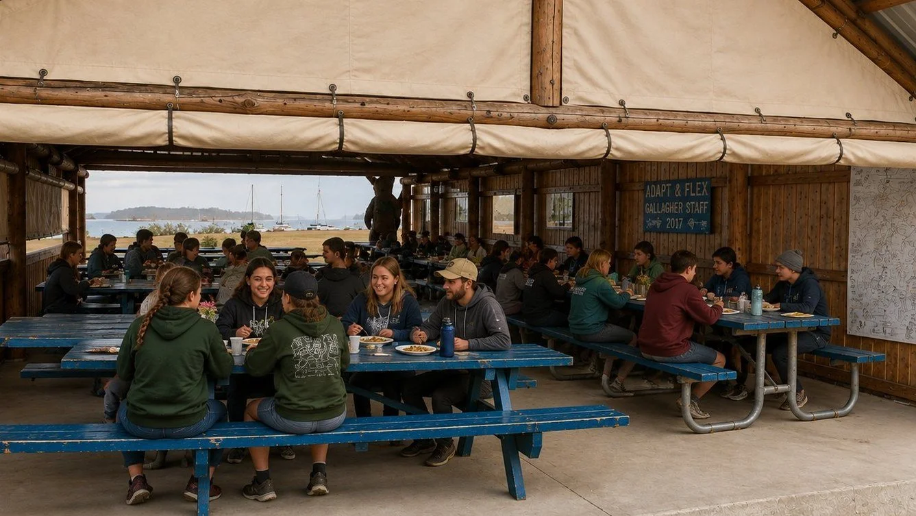 Photo-style concept rendering of Sequim dining hall with canvas walls and campers at tables