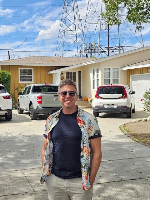 Nick outside the McFly house, 9303 Roslyndale Avenue