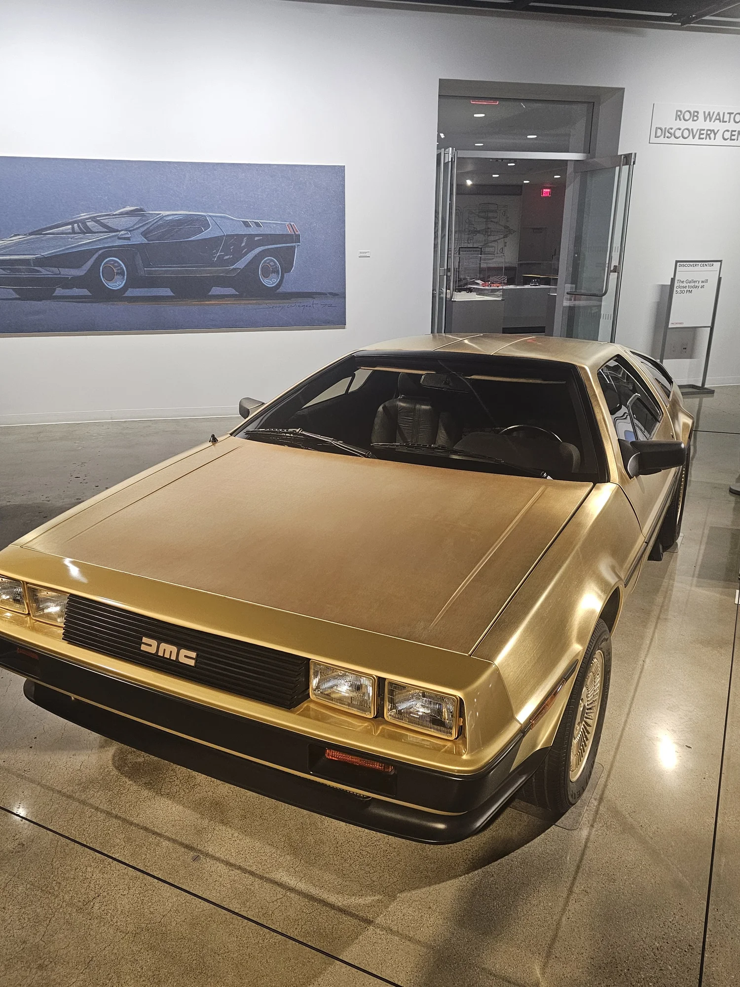 The gold DeLorean DMC-12 on display