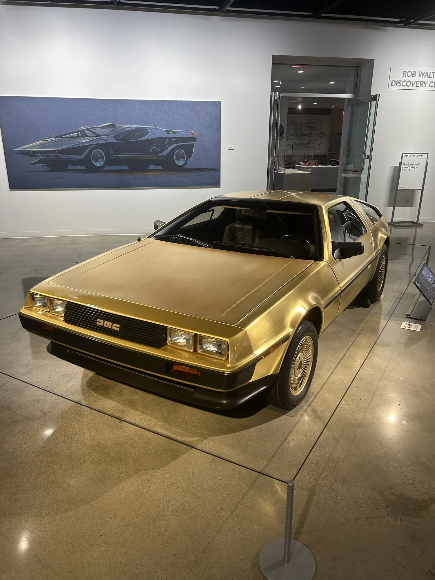 Front three-quarter view of the gold-plated DeLorean