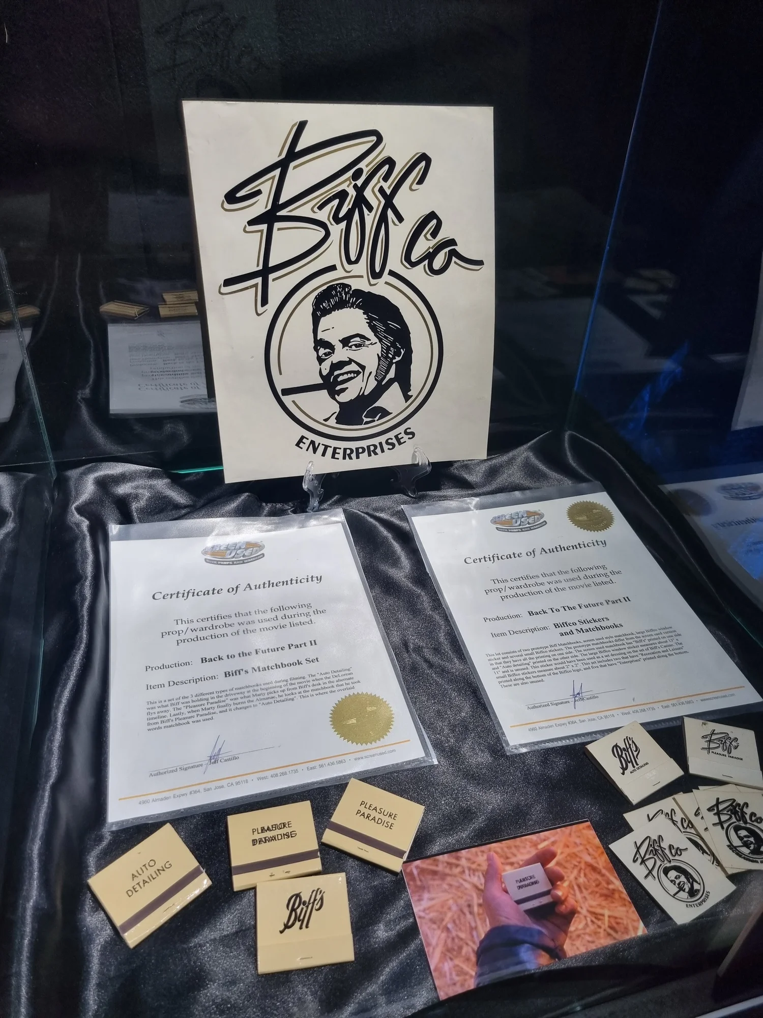 BiffCo sign and business cards – Back to the Future props exhibition, London 2022