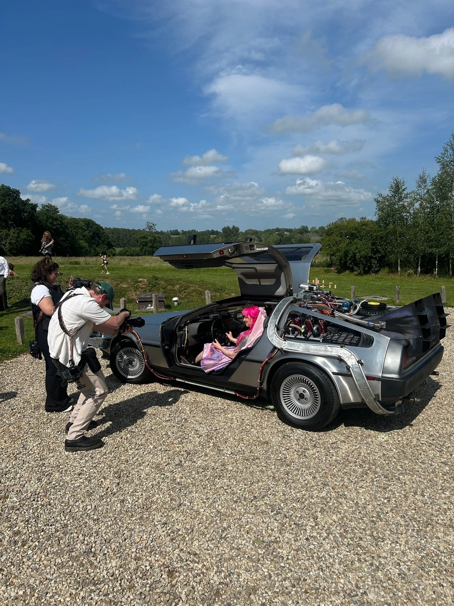 Time machine by a lake in the sunshine