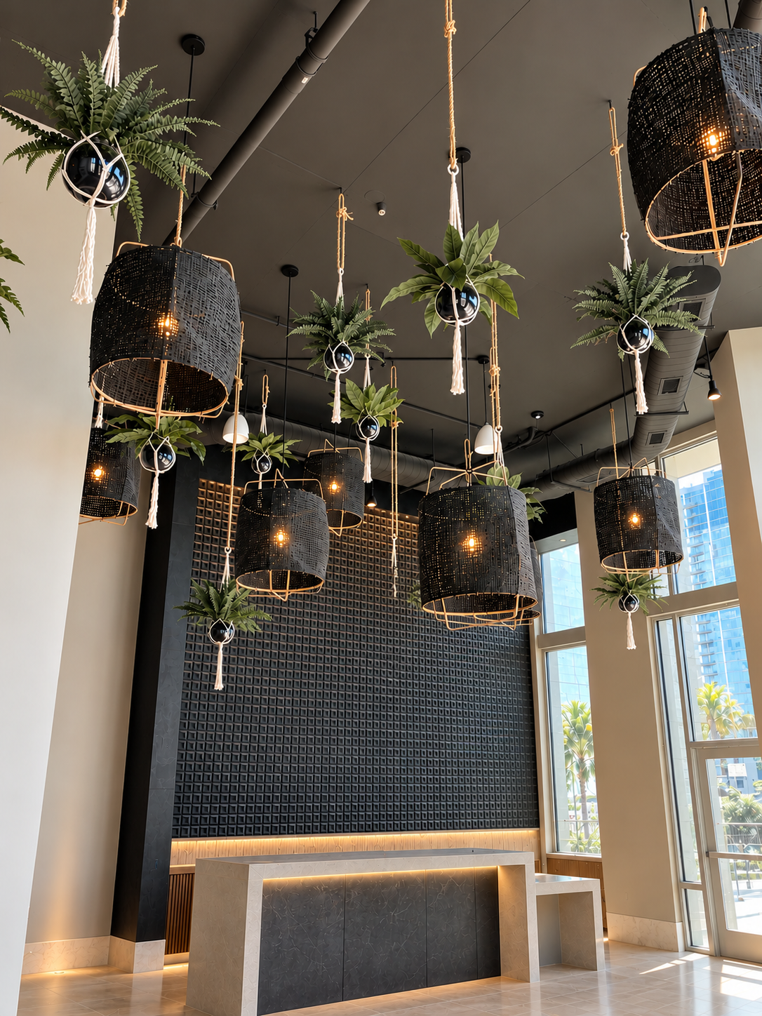 Suspended macrame plant hangers with ferns and tropical foliage layered among woven black pendant lights above a residential lobby reception desk