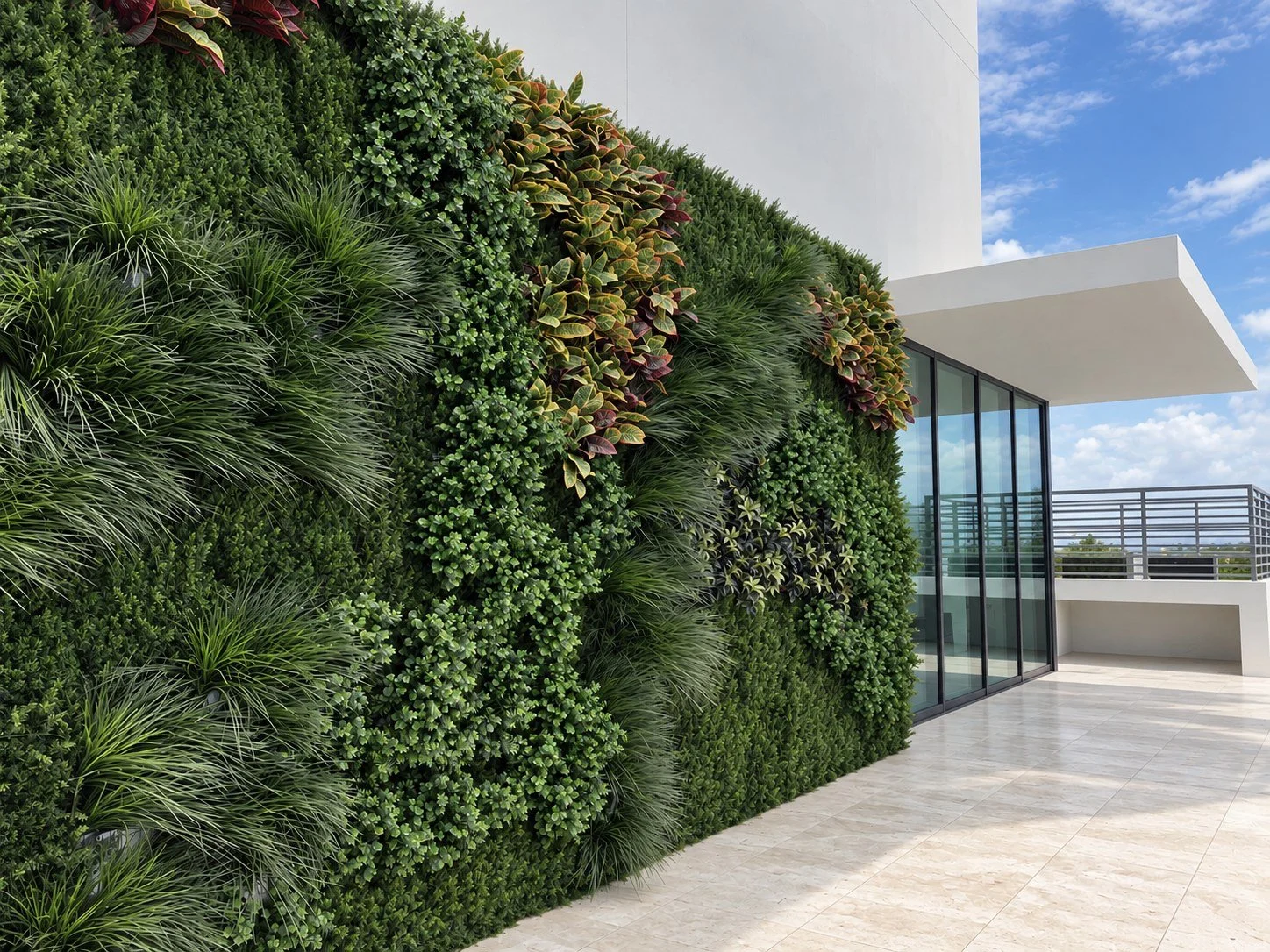 Exterior rooftop greenwall with grasses, boxwood, and croton accents on a terrace in the Miami Design District
