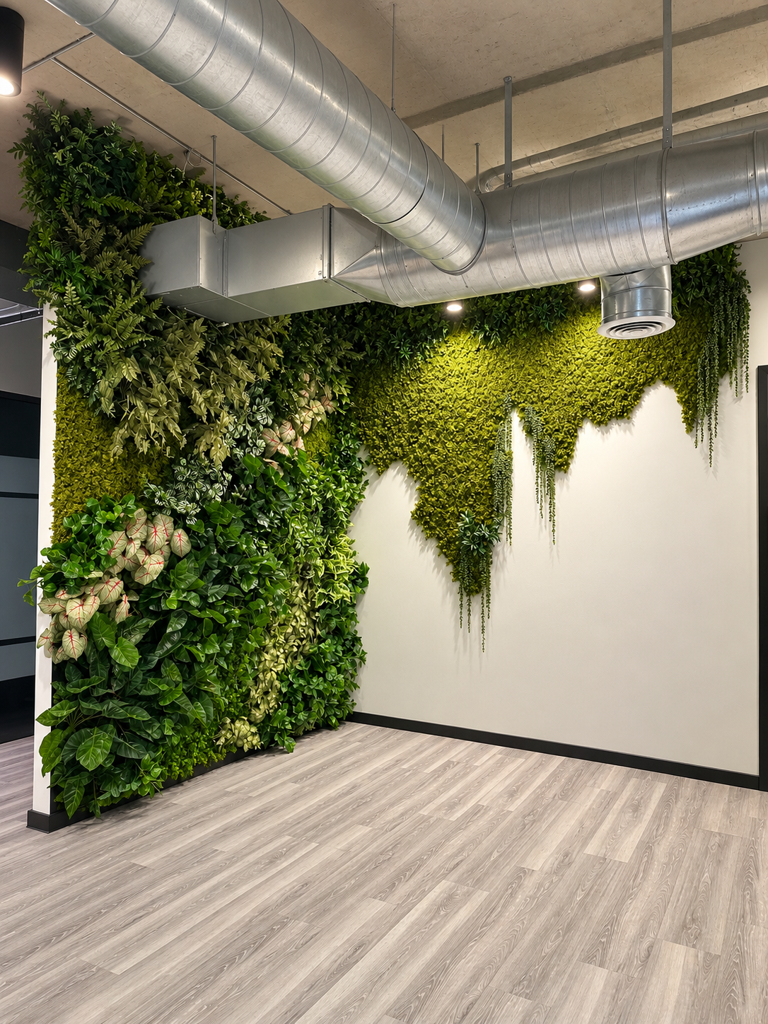 Corner office greenwall with layered tropical foliage flowing into a preserved moss world map beneath exposed ductwork