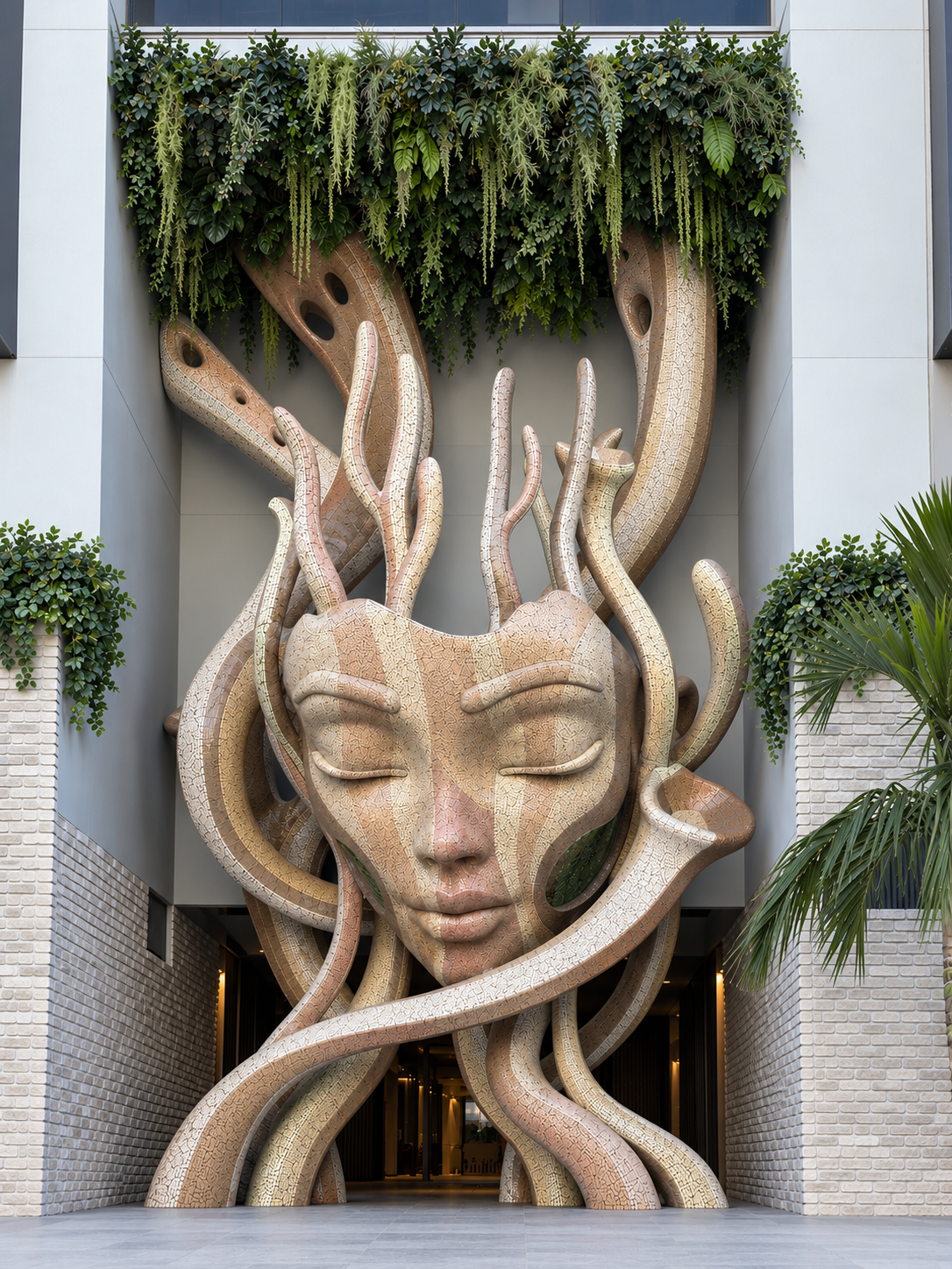 Daniel Popper mosaic sculpture of a serene face with flowing tendrils beneath a cascading foliage canopy at a building entrance