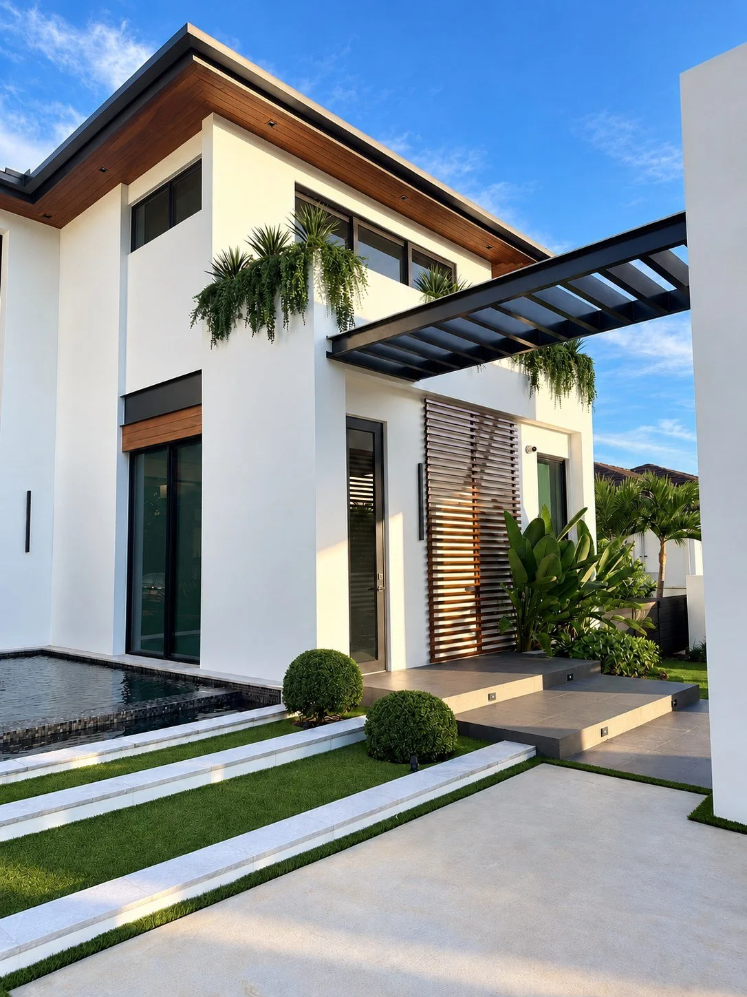 Trailing foliage and agaves spilling from built-in balcony planters on a modern white residence
