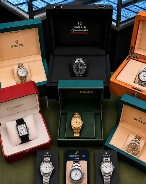 Collection of Rolex, Omega, Cartier and Breitling watches in presentation boxes