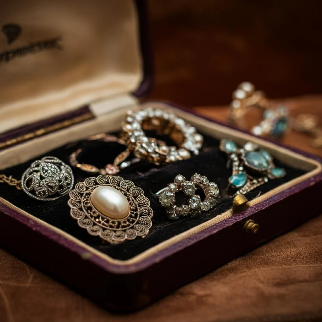 Vintage gemstone jewelry and brooches in an open jewelry box