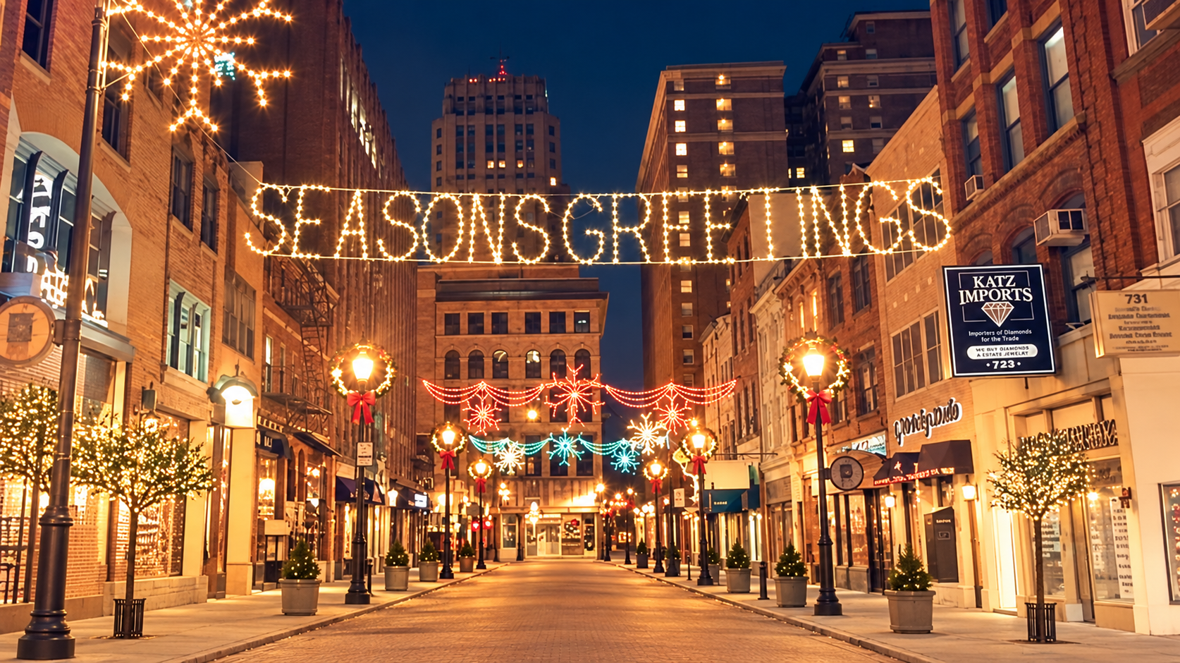 Holiday lights on Philadelphia’s Jewelers’ Row, with the Katz Imports sign