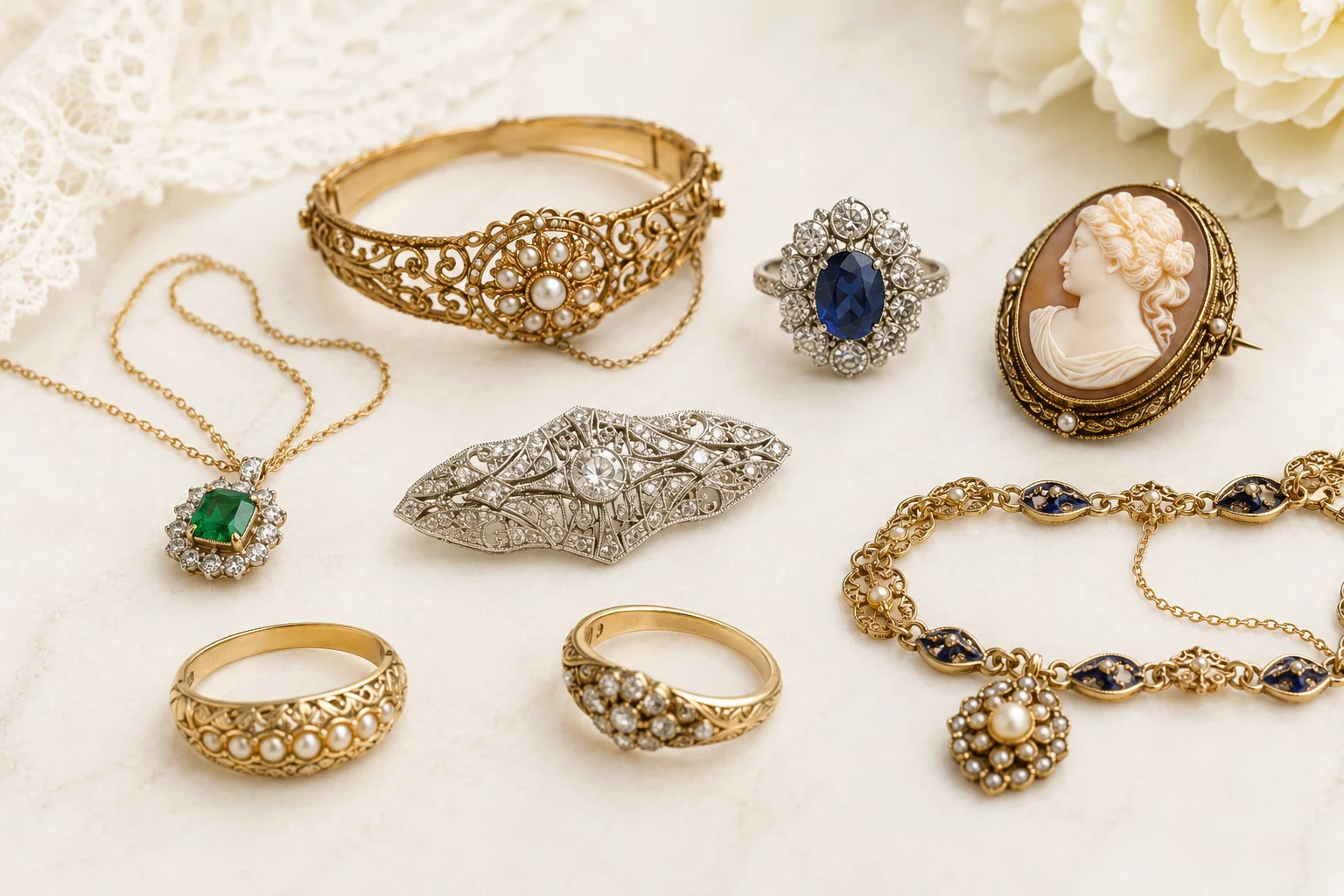 Vintage jewelry collection with ornate bracelets, gemstone rings, a cameo and a brooch