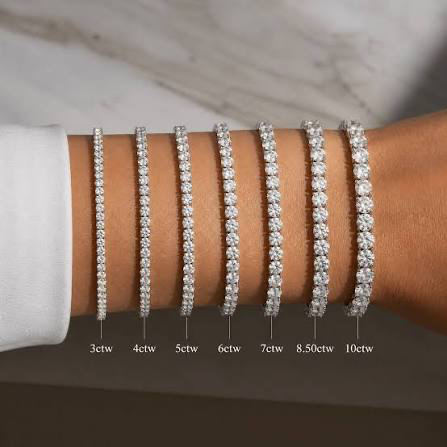 Diamond tennis bracelets showing total carat weights from 3 to 10 carats