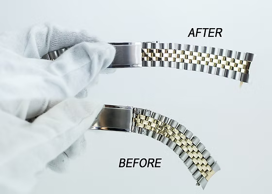 Before and after restoration of a two-tone Jubilee watch bracelet