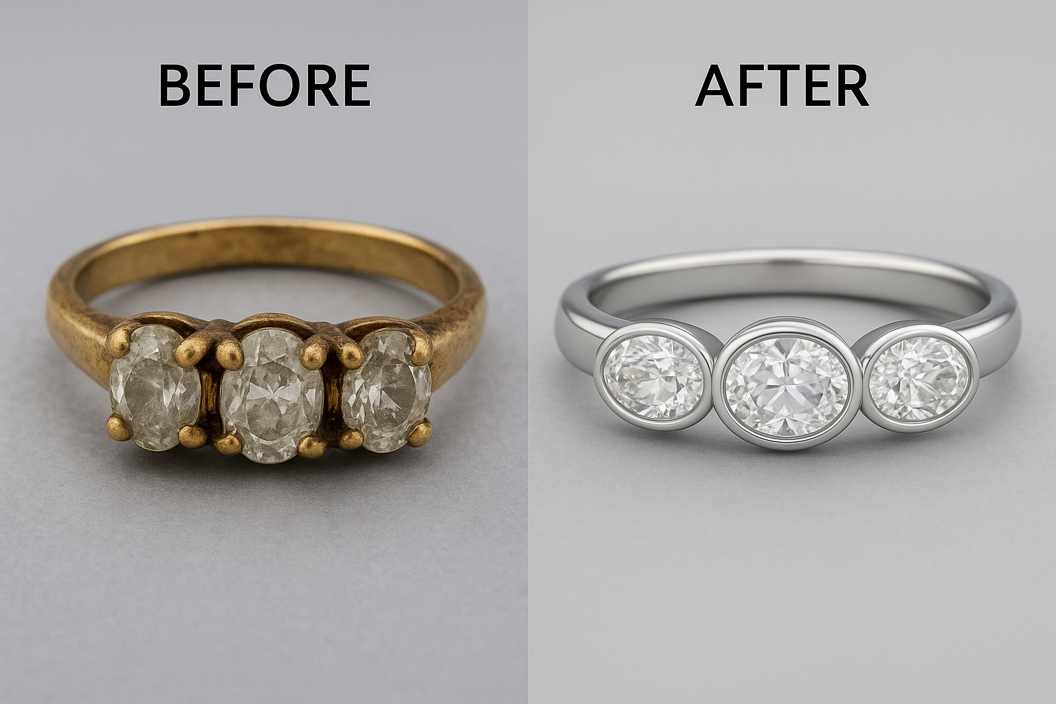 Before-and-after illustration of a three-stone ring redesigned with bezel settings