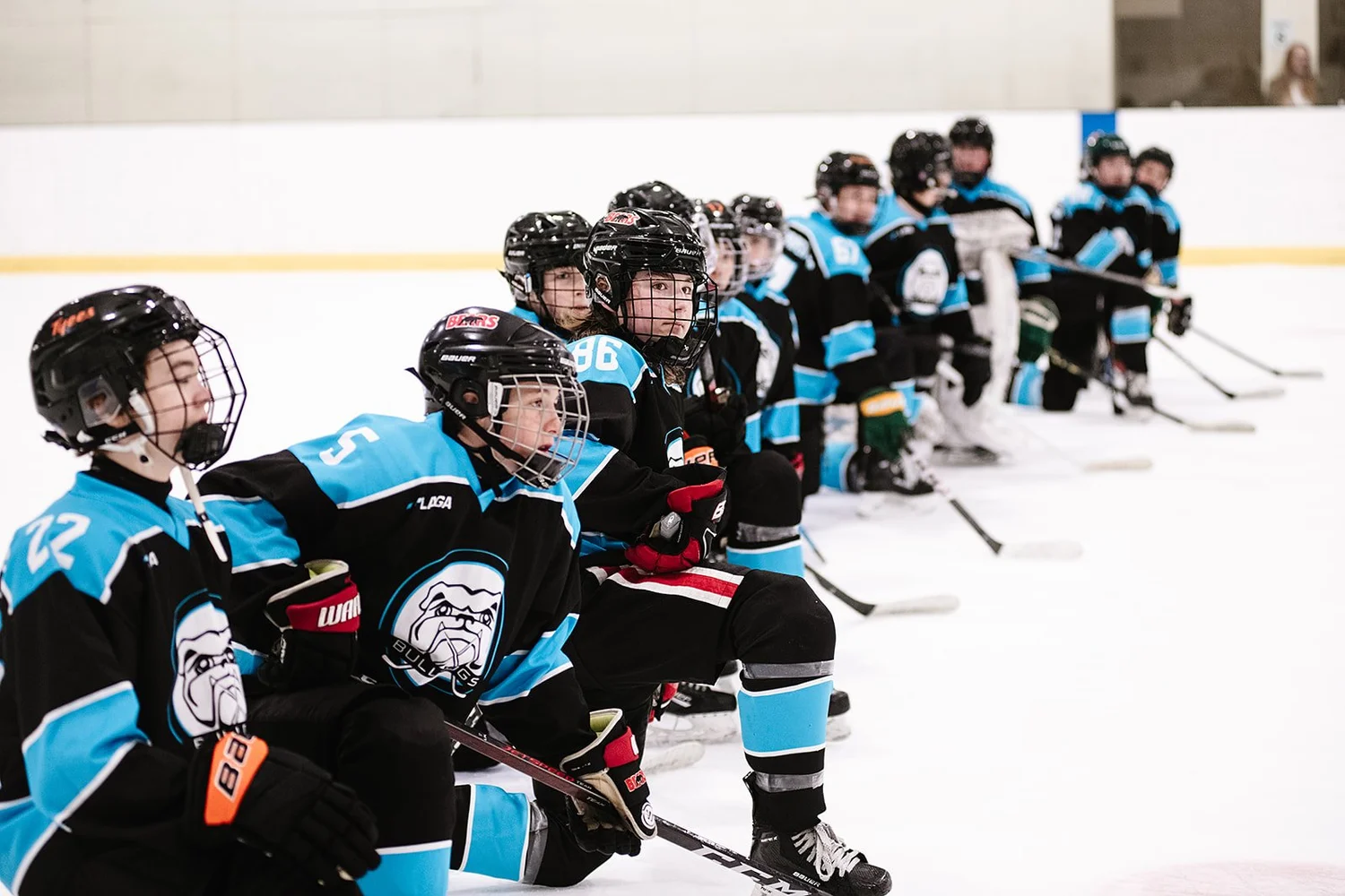 Bulldogs spring team players kneeling in a line