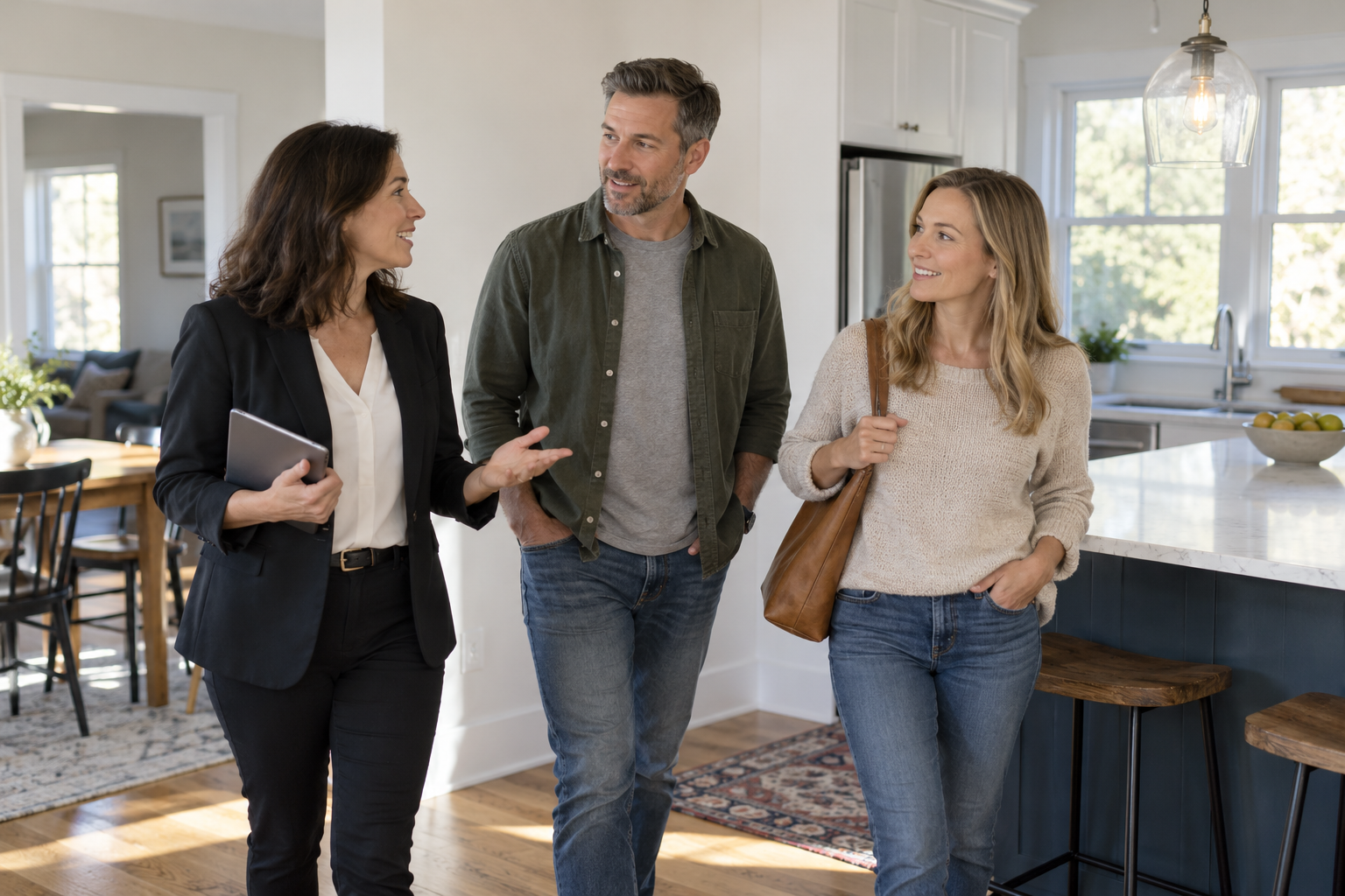 Homebuyers touring a bright kitchen with a real estate agent