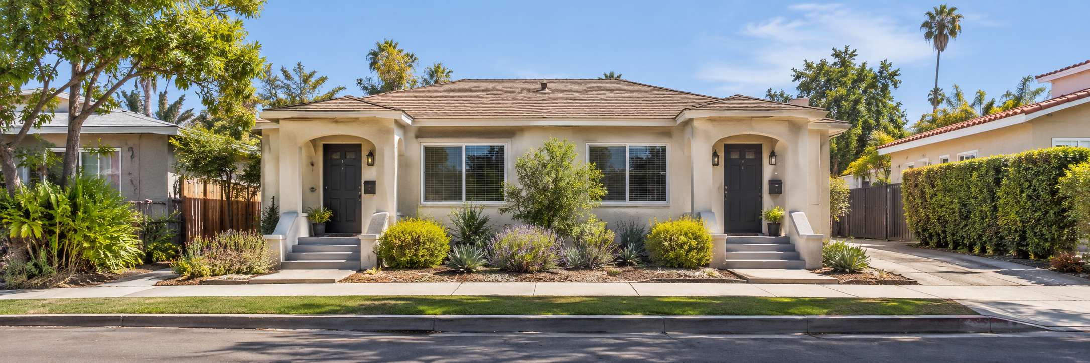 A Southern California home with a landscaped front garden