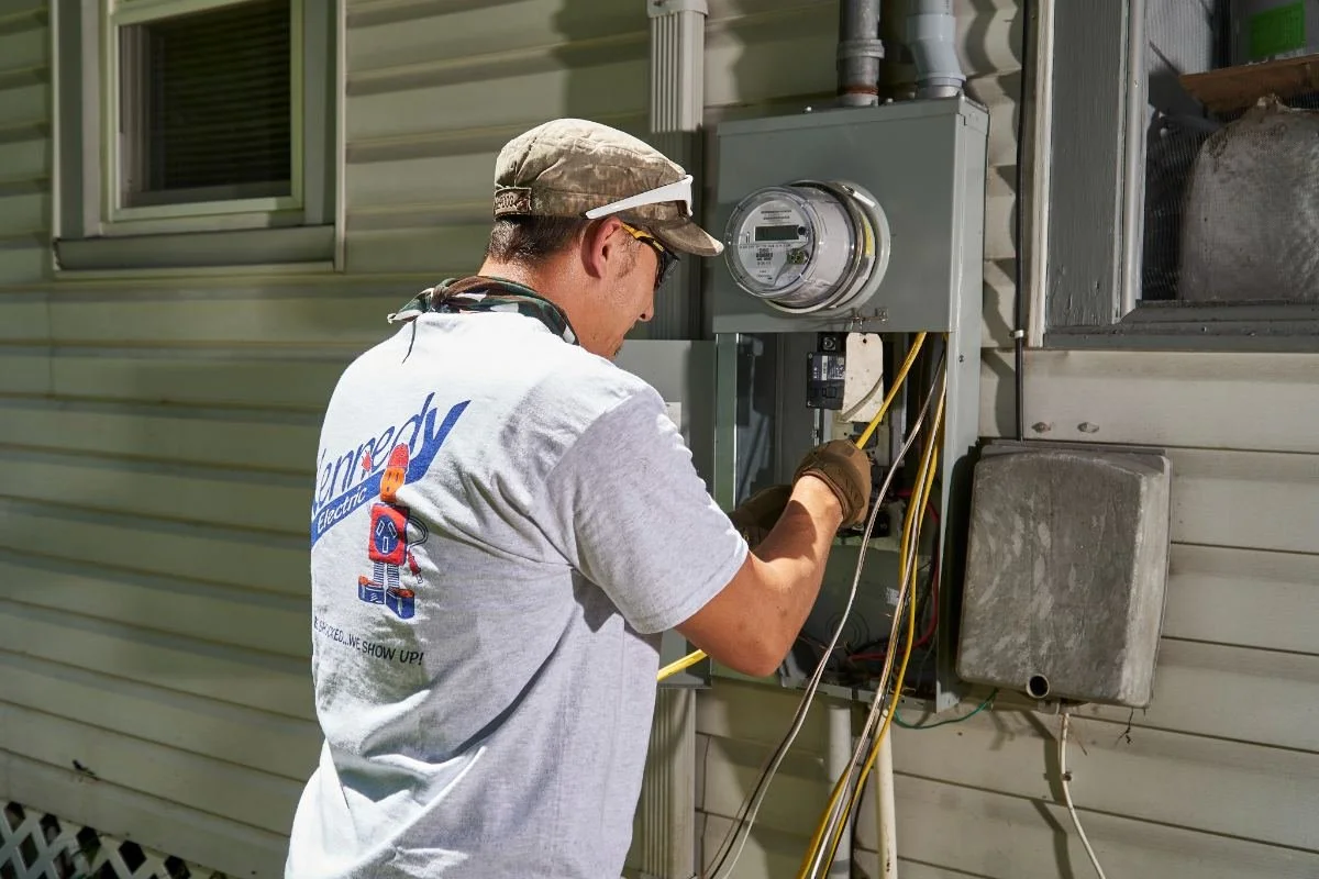 Kennedy Electric electrician working at an outdoor electrical panel