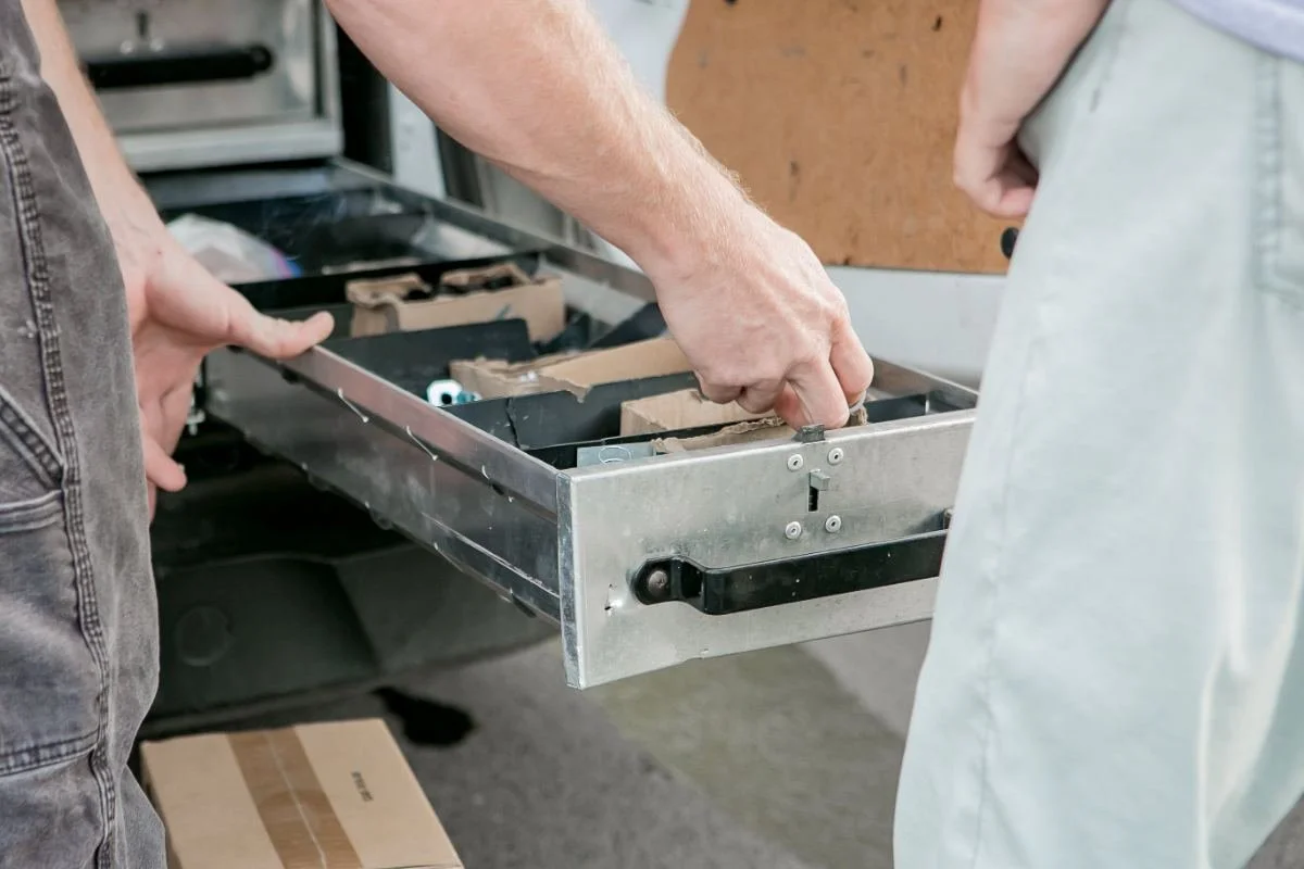 Parts drawers in a Kennedy Electric service van