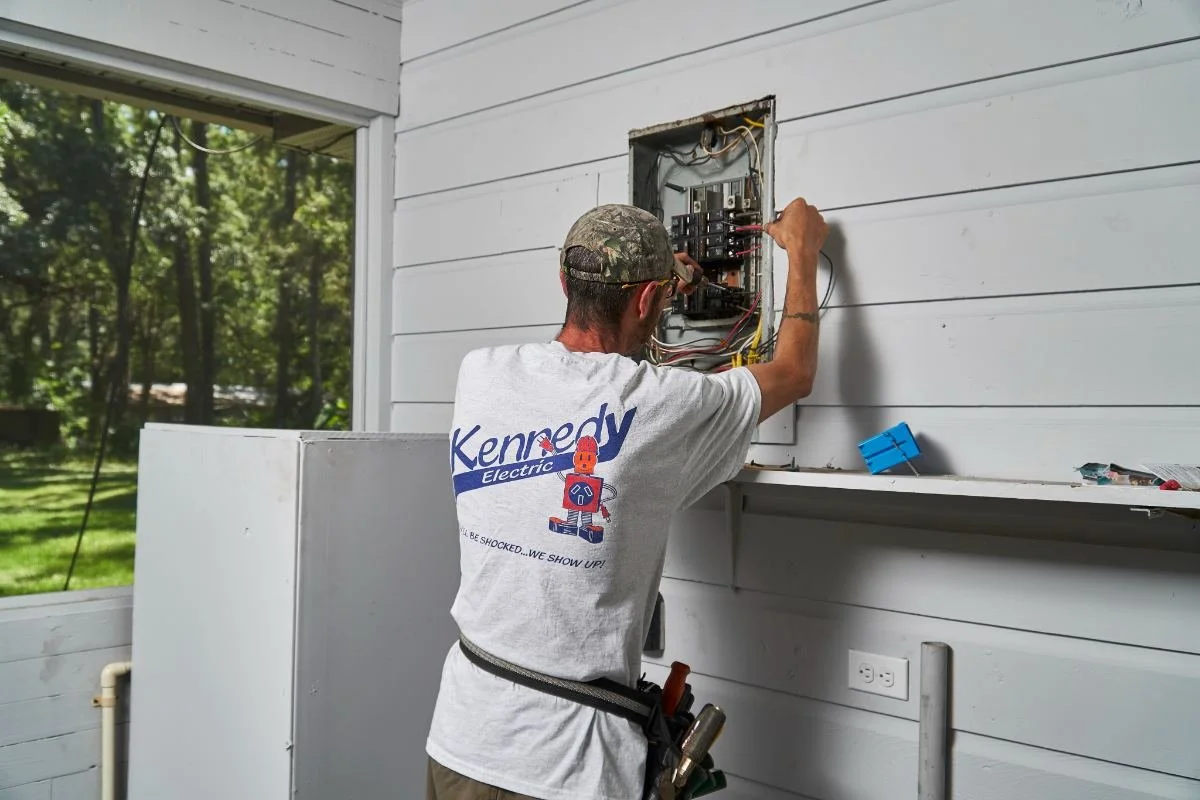 Kennedy Electric electrician working at an electrical panel