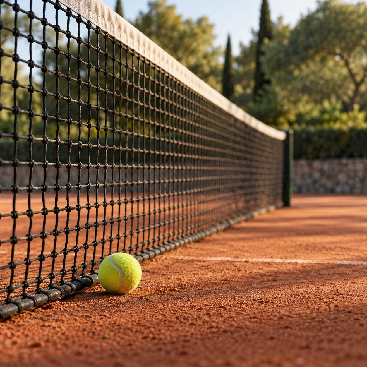 Tennis ball beside a net on a clay court in soft morning light