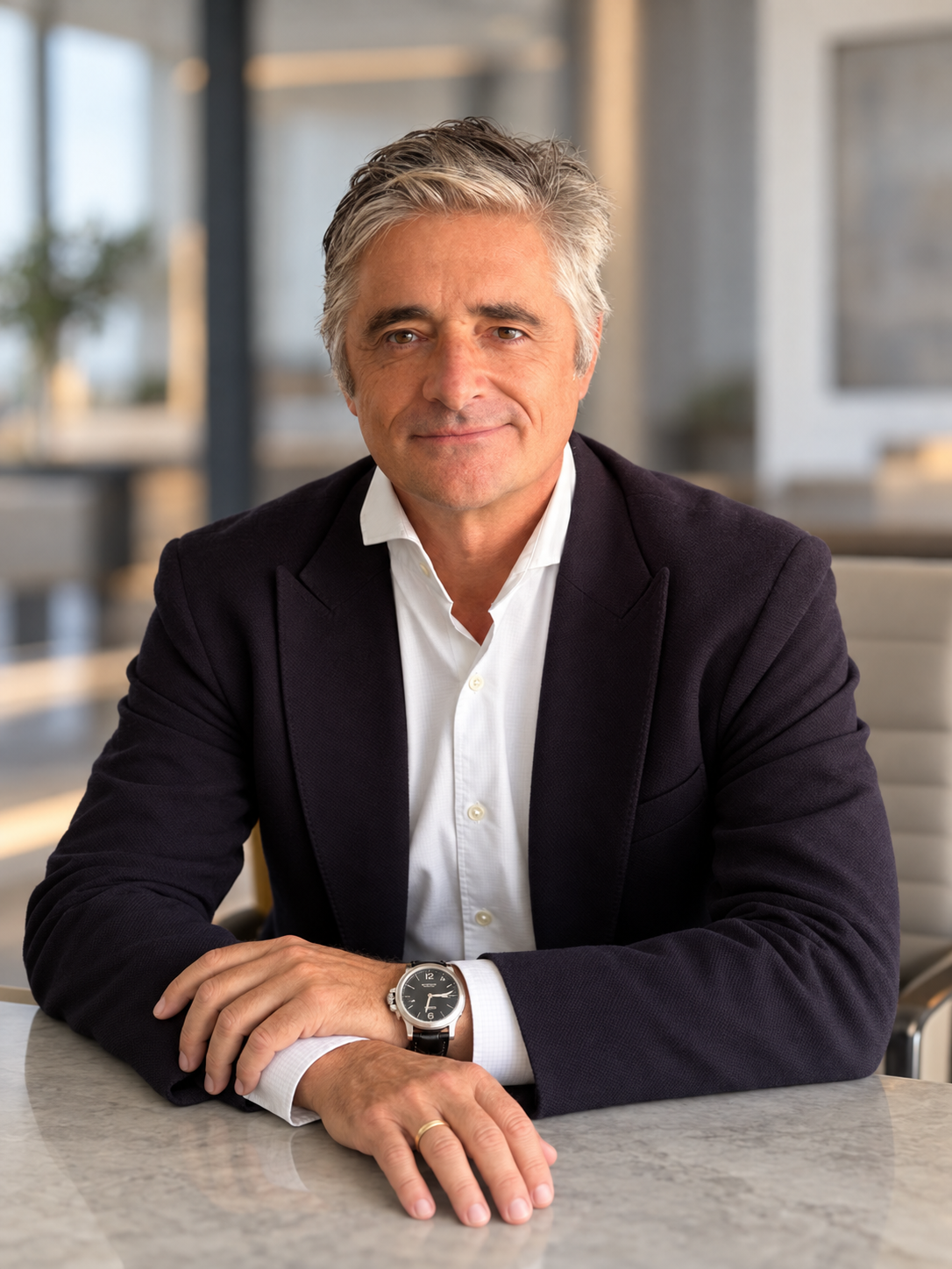 Enzo Bicchieri seated in a blazer