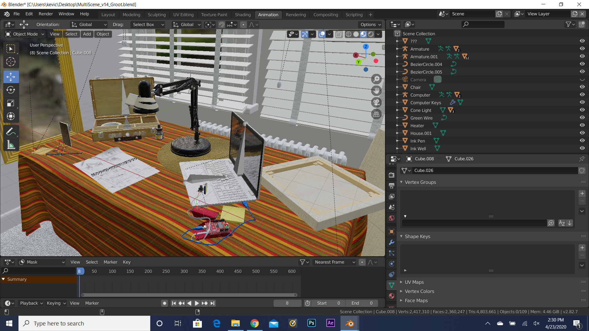 Blender view of the modeled living room, desk objects and articulated black lamp