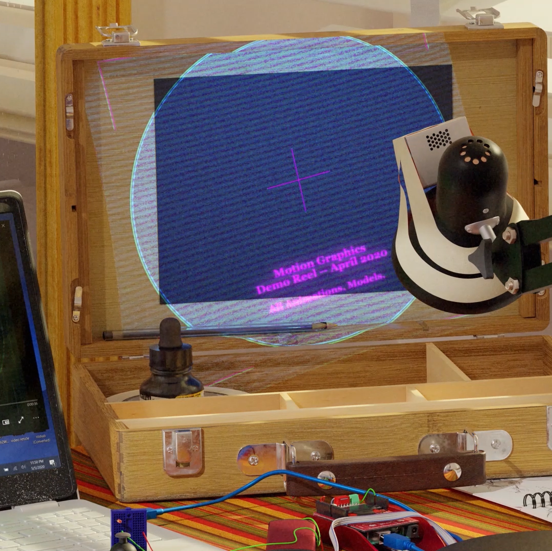 Rendered lamp projecting the demo reel title onto a wooden case