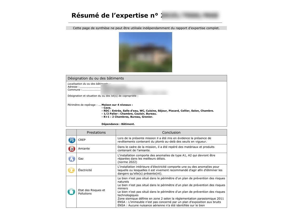 Extrait anonymisé d’un rapport NORDIAG : la page de synthèse, avec la conclusion de chaque diagnostic (plomb, amiante, gaz, électricité, état des risques)